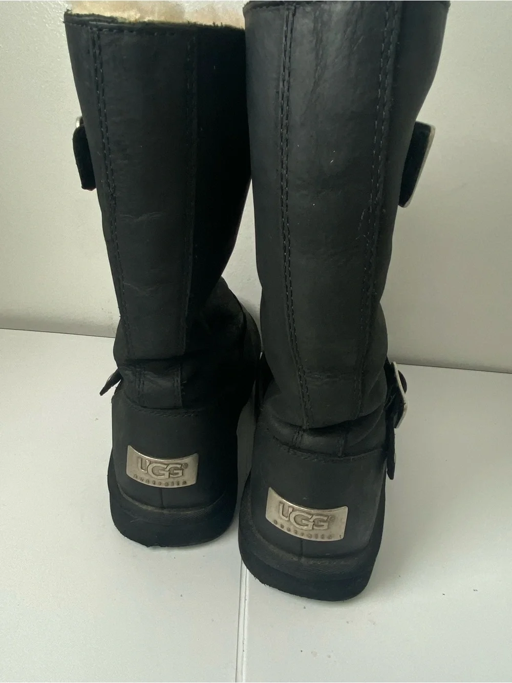 UGG Kensinton Women's Black Leather Moto Shearling-Lined Biker Boots